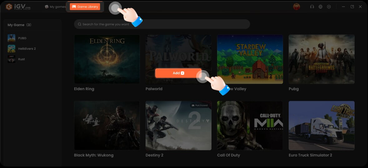 After logging in successfully, click on the Game Library to add your favorite games to your library.