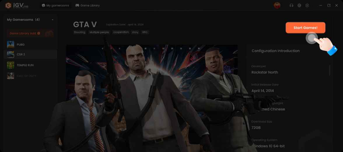 Click on "My Gamerooms", select the game, click on "Start Games!", and the system will automatically complete the login process